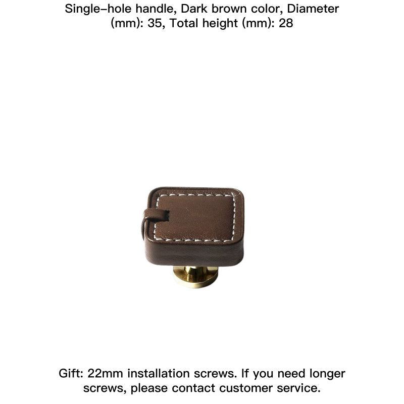 Dark brown decorative leather square drawer pull knob with white stitching, brass base.